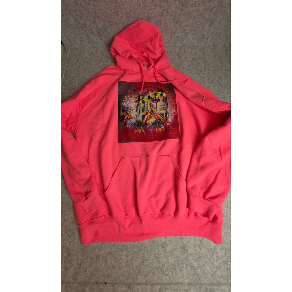 Jerzees NuBlend Neon Pink Graphic Hoodie Mens 2XL Native Inspired Portrait Print